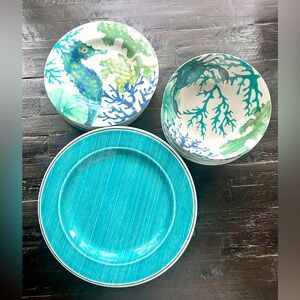 🌊EUC Set of 24 Melamine Turquoise Ocean 11” Plates, 9” Small Plates, 7.5” Bowls